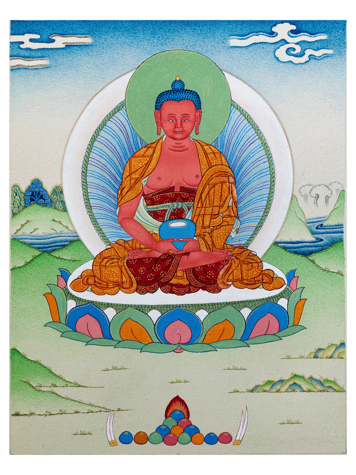 Amitabha Buddha Thangka Painting – Natural Stone Colors, 24k Gold, Karma Gadri Style