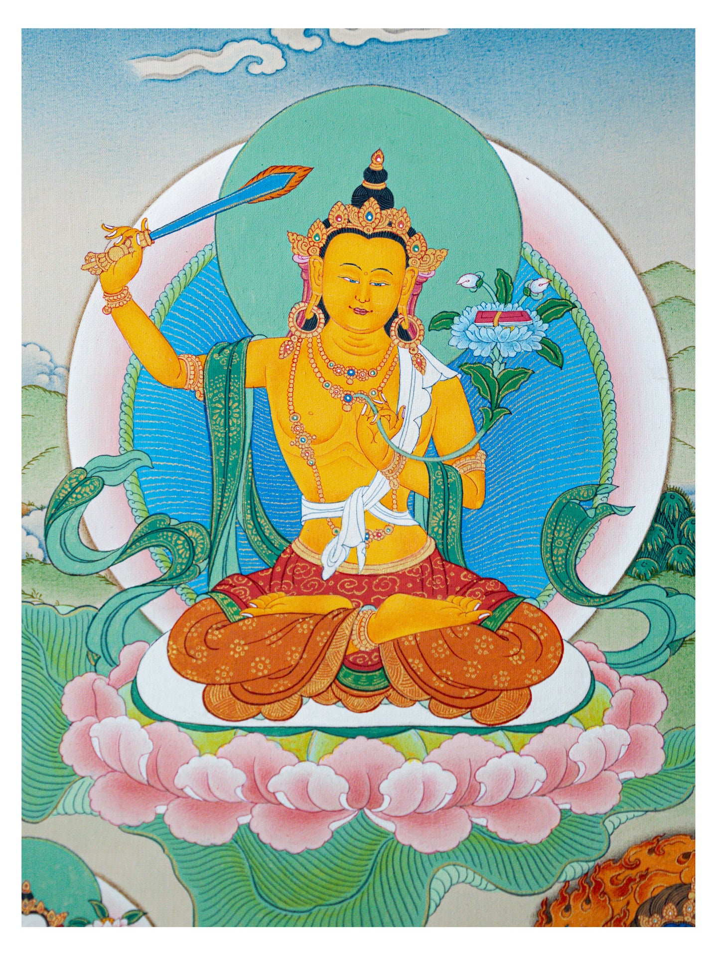 Manjushree Thangka with Chenrezig and Vajrapani