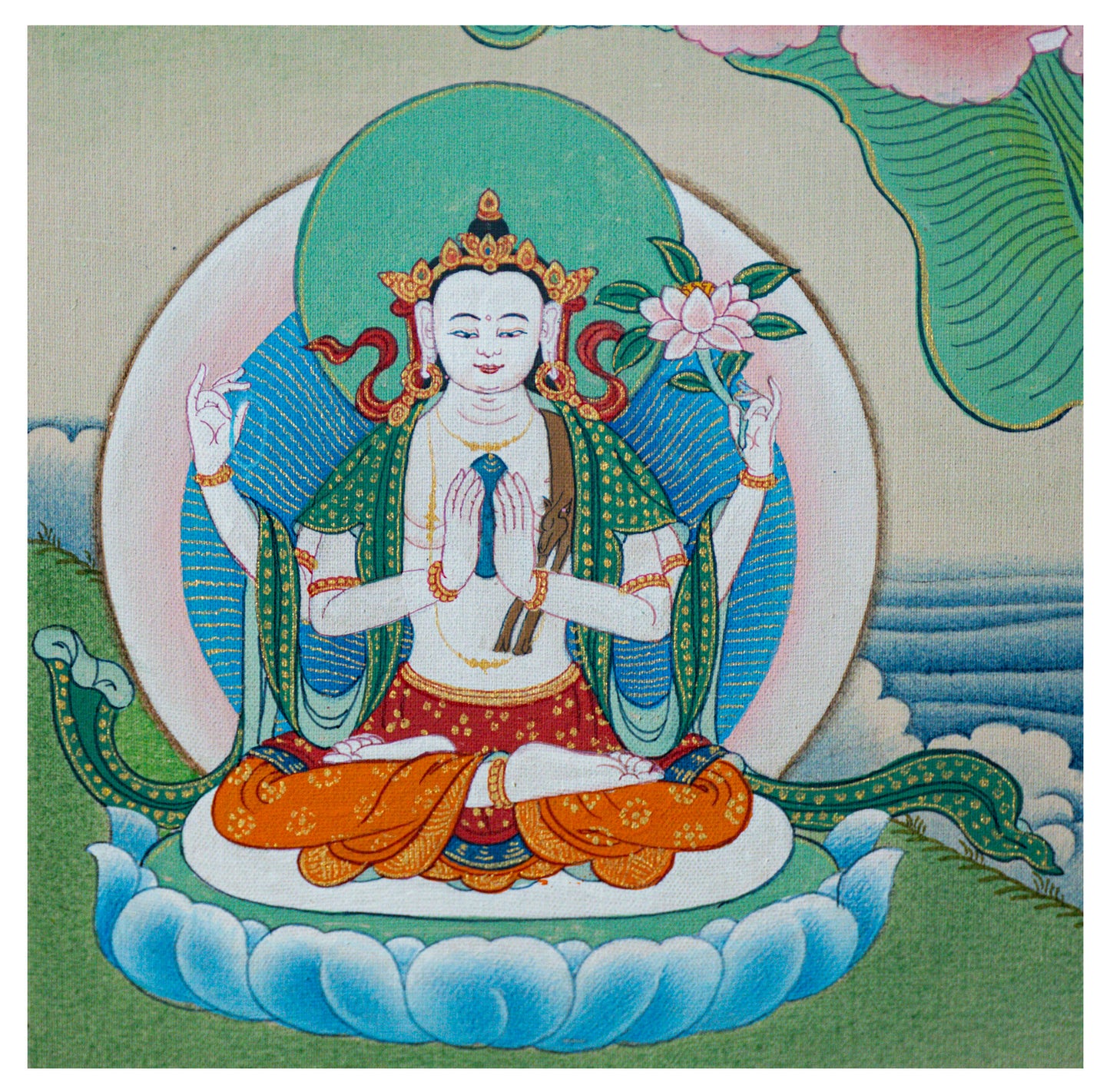 Manjushree Thangka with Chenrezig and Vajrapani