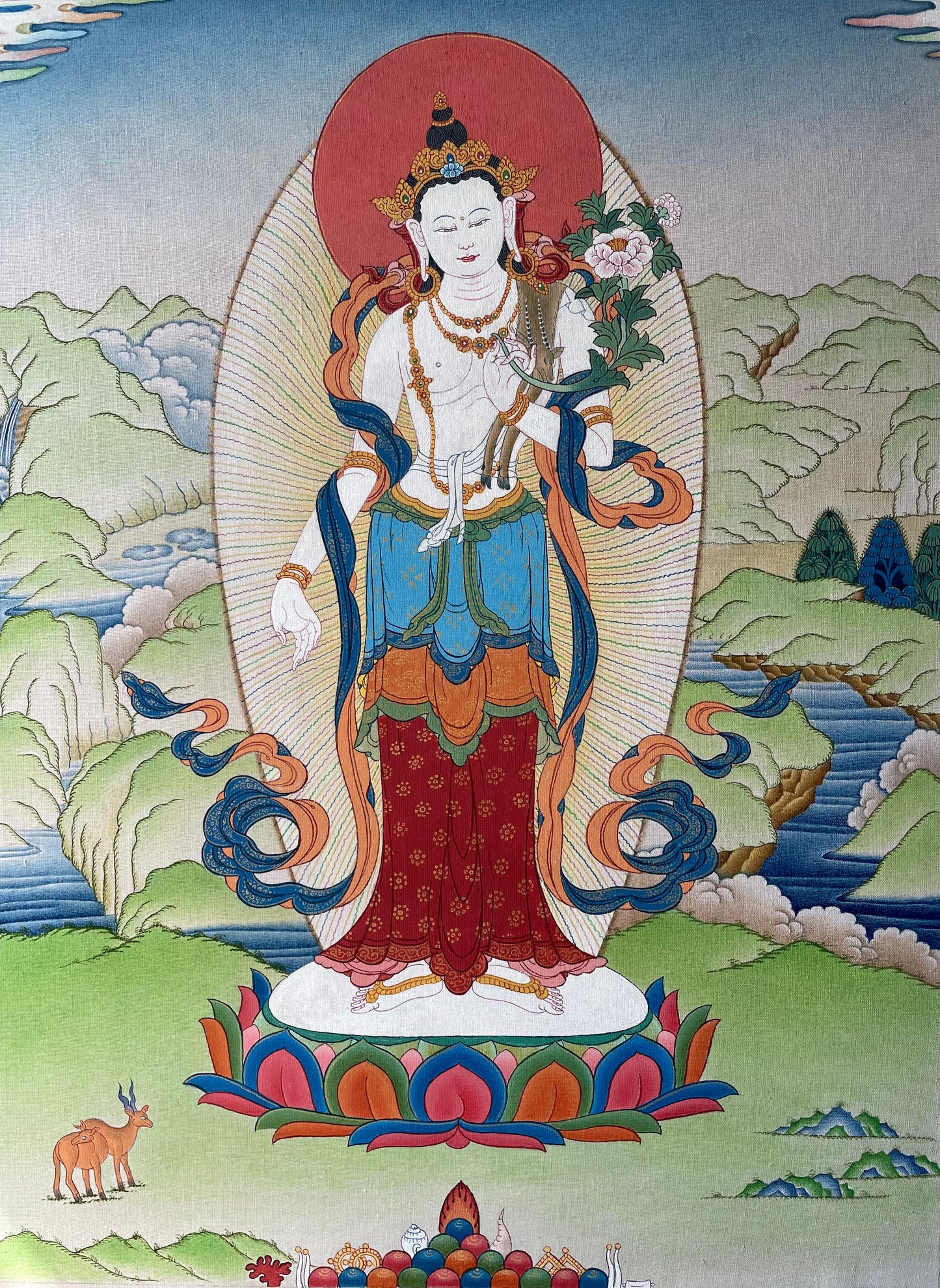 Standing Chenrezig Thangka – Hand-Painted Tibetan Avalokiteshvara Art